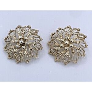 Vintage Emmons Gold Tone Filigree Flower Clip On Earrings Mid Century